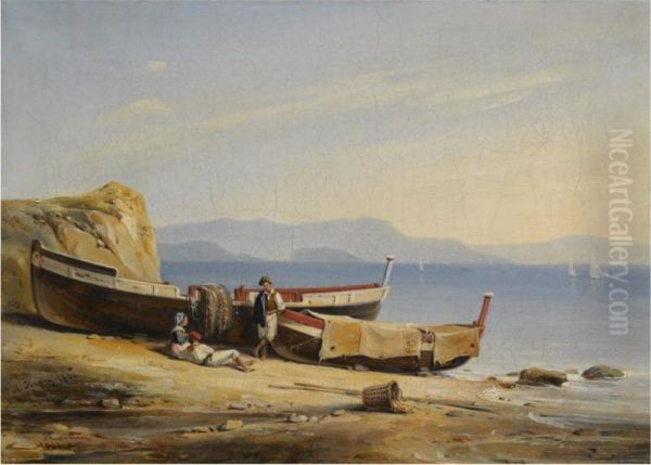 A Mediterranean Coastal Scene With Figures Resting By Boats On The Beach Oil Painting by Alphee De Regny