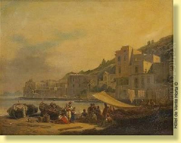 Ravaudeurs De Filets Sur Une Plage En Italie Oil Painting by Alphee De Regny