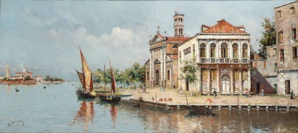 Settlements On The Venetian Lagoon Oil Painting by Antonio Maria de Reyna