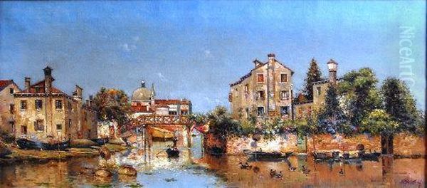 A Venetian Backwater Oil Painting by Antonio Maria de Reyna