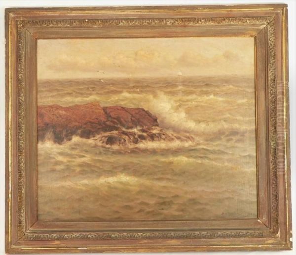 A Seascape With Waves Crashing On Rocks Oil Painting by Dey De Ribcowsky