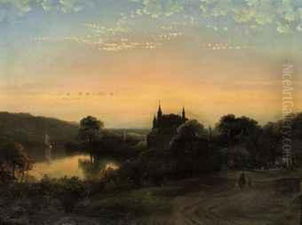 A Castle In A Wooded Riverlandscape At Sunset by Jacobus Augustinus De Rijk