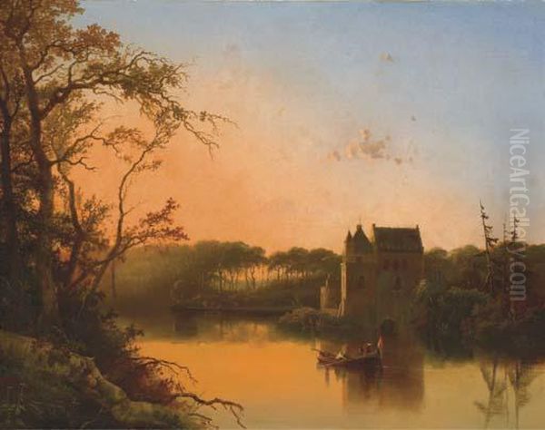 On The River By The Castle Oil Painting by Jacobus Augustinus De Rijk