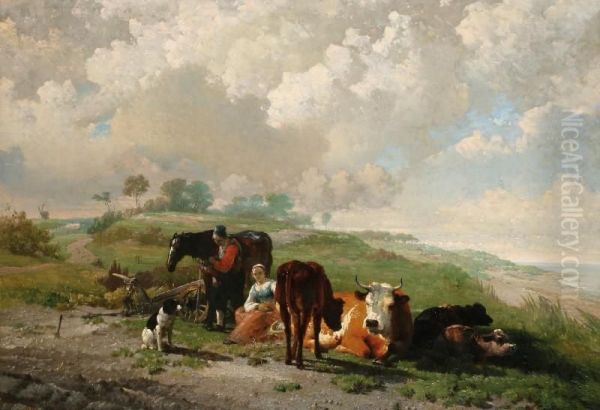 Landscape Withmeadows, A Farmer's Couple With Their Cattle And A Sitting Dog, Atthe Right A View On The Gooimeer Oil Painting by James De Rijk