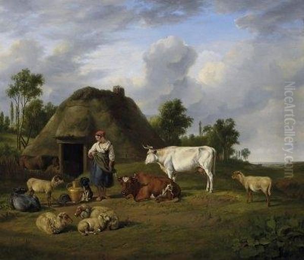 Country Life. Farmerwoman With Her Cattle On The Parture In Front Of The Yard. In The Background A View Onte A Dune Landscape. Signed Lower Centre: J. Rijk Fecit Oil Painting by James De Rijk