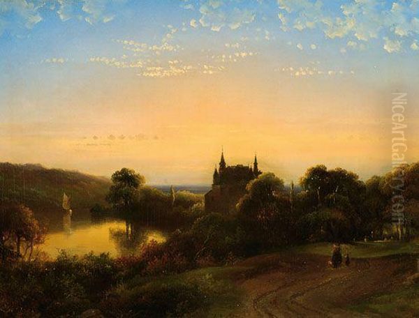 Landscape With A Castle By The Water At Sunset Oil Painting by James De Rijk