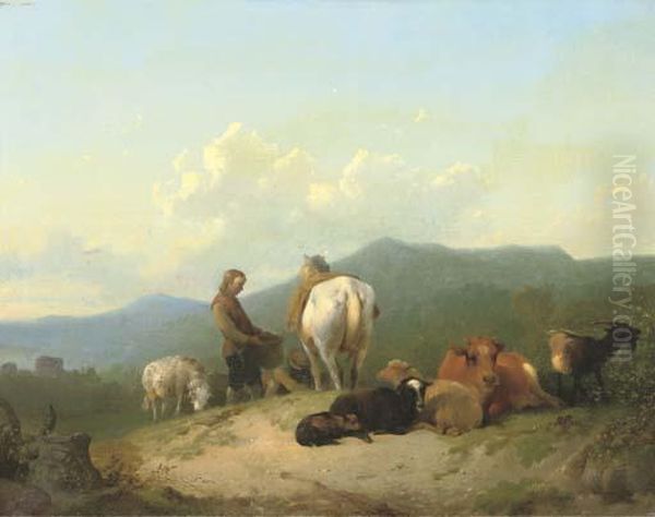 Herdsmen With Their Cattle On A Hilltop Oil Painting by James De Rijk