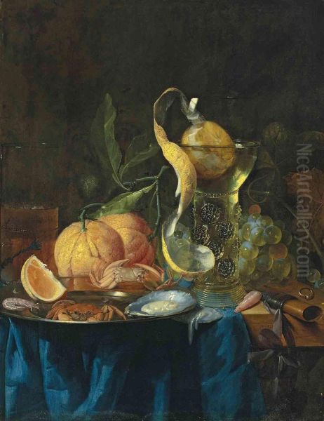 Orange Peel In A Facon-de-venise Wine Glass, Oysters, Crabs Andshrimp On A Silver Platter, And Oranges And Grapes Oil Painting by Pieter de Ring