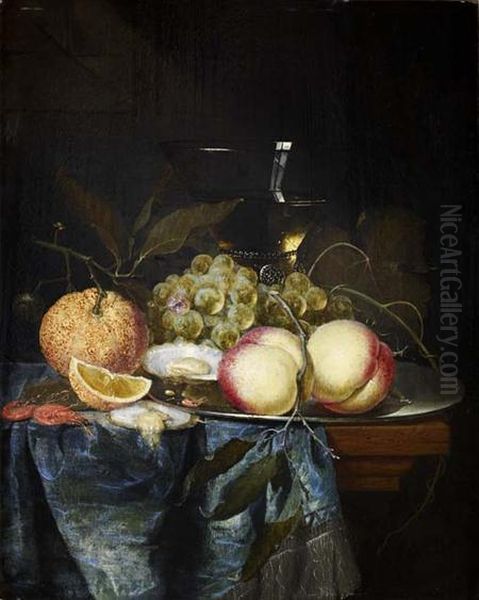 A Still Life Of Assorted Fruit, Oysters And A Wine Glass On A Ledge Oil Painting by Pieter de Ring