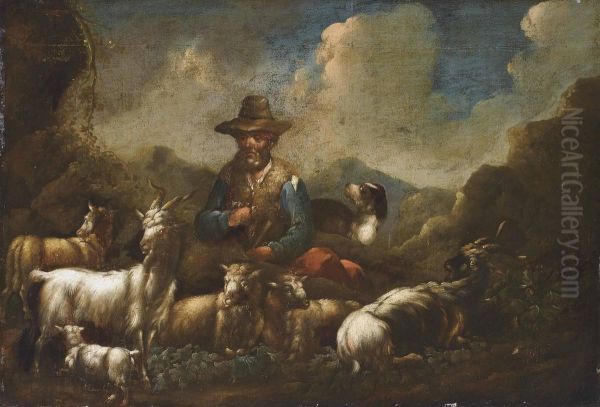 A Herder With Sheep, Goats And A Dog In An Mountainous Landscape Oil Painting by Gaetano De Rosa