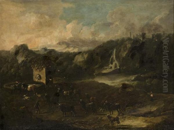 Paesaggio Con Pastori E Armenti Presso Un Fontanile Oil Painting by Gaetano De Rosa