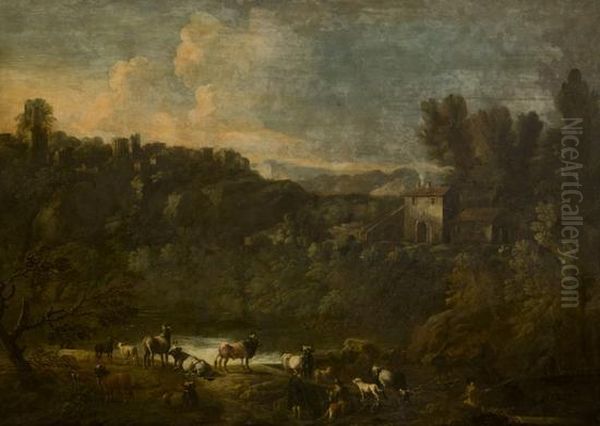 Paesaggio Con Gregge E Veduta Di Tivoli In Lontananza Oil Painting by Gaetano De Rosa