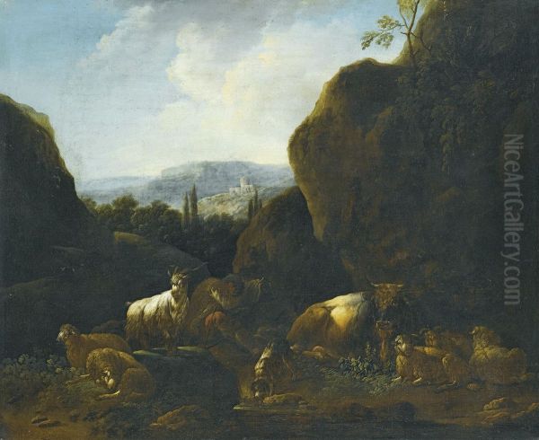 A Landscape With A Flock Of Sheep And Goats Oil Painting by Gaetano De Rosa