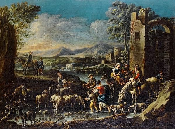 A Cowherd And Shepherds Resting Theirlivestock In An Upland Landscape Oil Painting by Gaetano De Rosa