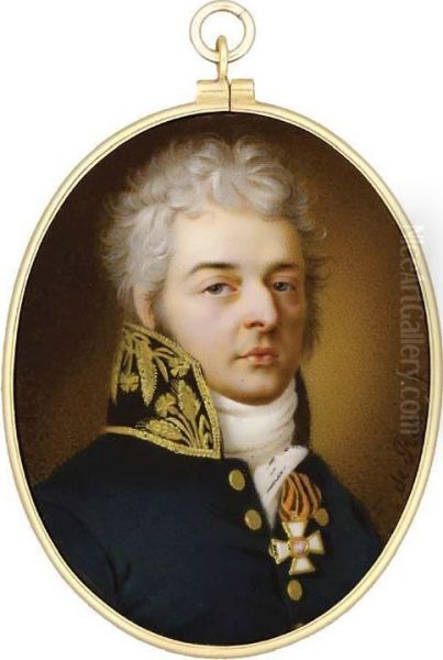 A Fine Enamel Miniature Of A Nobleman Called Prince N. S.volkonsky, With Powdered Curly Hair And Sideburns, In Dark Blueuniform With Gold Embroidered High Collar, White Stock, Wearing Thebadge Of The Imperial Russian Order Of St. George The Martyr Andvanq Oil Painting by Pietro De Rossi