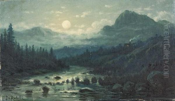 Nachtliche Flusspartie Im Gebirge Bei Vollmond. Oil Painting by Giuseppe De Rubelli