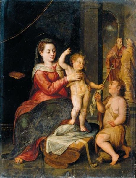 The Virgin And Child In A Classical Setting, St. John The Baptist Kneeling Nearby Oil Painting by Bernaert De Rycke