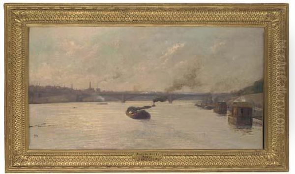 A Barge Before Le Pont Corneille, Rouen Oil Painting by Henri Emile De Sachy