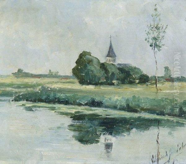 Paysage Fluvial Avec L'eglise De Laethem Saint Martin Oil Painting by Valerius De Saedeleer