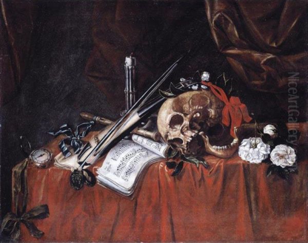 A Vanitas Still Life With A Skull, A Viol And A Violin Bow, A Pocket-watch, A Musical Score And Other Objects, All Laid Out On A Draped Table Oil Painting by Simon Renard De Saint-Andre