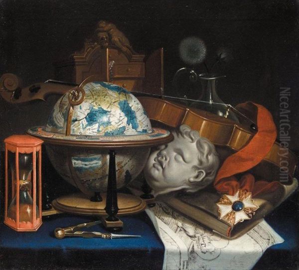 Still Life With A Globe, A Violin, Hourglass, And An Order Oil Painting by Simon Renard De Saint-Andre