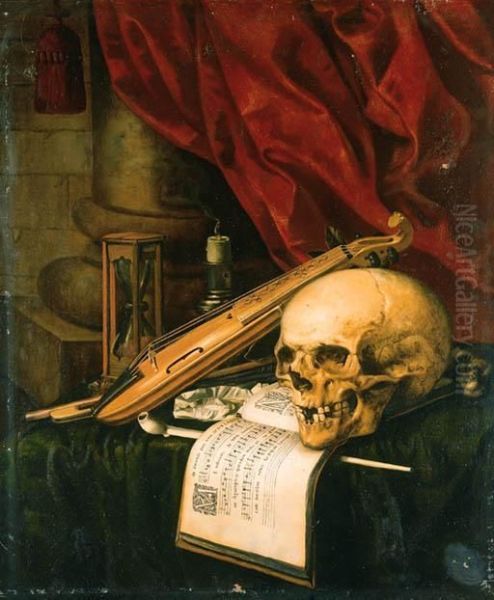 A Vanitas: A Skull, A Violin, A Music Score, A Pipe And Tobacco, Anhourglass And A Guttering Candle On A Draped Table Oil Painting by Simon Renard De Saint-Andre