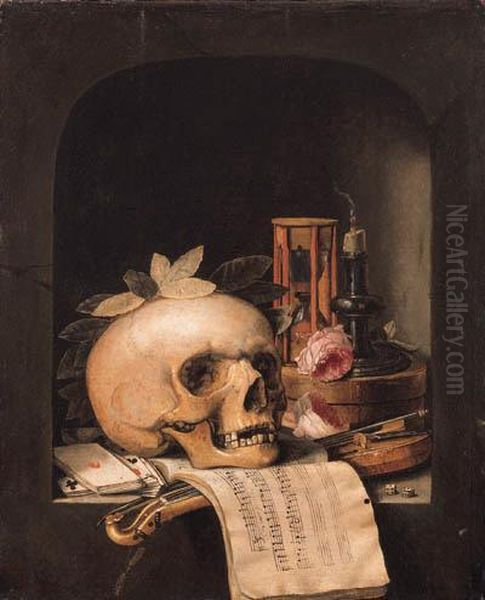 A Vanitas Still Life With A Wreathed Skull, A Pochette Violin And Abow, A Deck Of Cards, A Musical Score, A Pair Of Dice, A Boxinscribed Poudre De Civet, Two Roses, An Hourglass And Asnuffed-out Candle In A Niche Oil Painting by Simon Renard De Saint-Andre