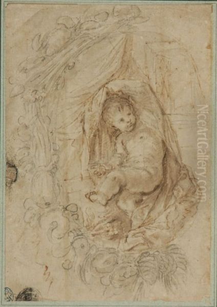 Study Of Putto In A Garland Oil Painting by Augustin de Saint-Aubin