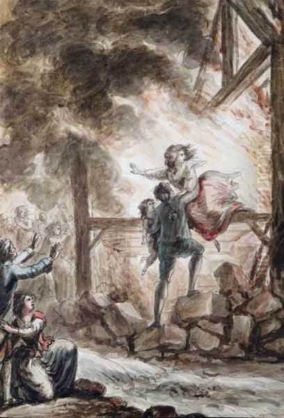 A Woman And Child Being Rescued From A Burning Building Oil Painting by Charles Germain De Saint-Aubin