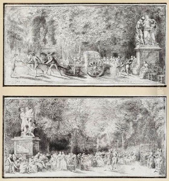 Spectacles De Tuileries: Les Chaises And Le Tonneau D'arrosage Oil Painting by Gabriel De Saint Aubin