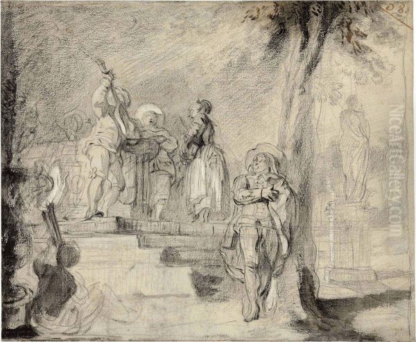 Figures From The Commedia Dell'arte Serenading In A Park Oil Painting by Gabriel De Saint Aubin