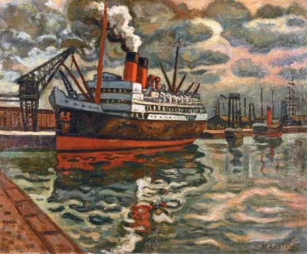 Paquebot A Quai Au Havre Oil Painting by Henri Lienard De Saint-Delis