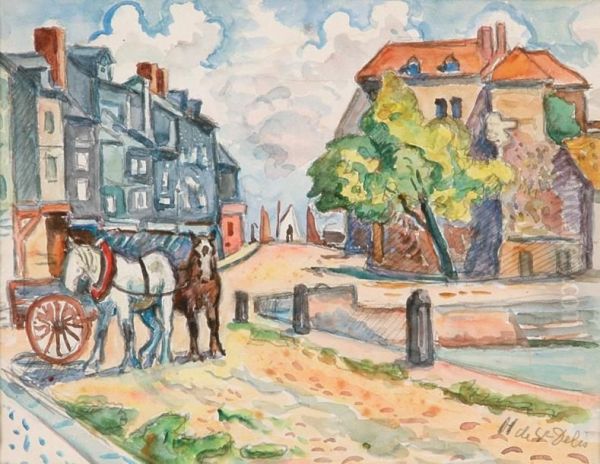 L'attelage Pres Du Port Oil Painting by Henri Lienard De Saint-Delis