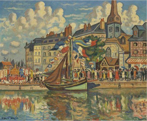 Boat In Harbor Oil Painting by Henri Lienard De Saint-Delis