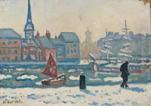 Neige A Honfleur Oil Painting by Henri Lienard De Saint-Delis