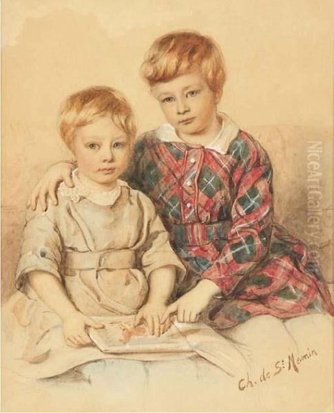 Portrait De Deux Jeunes Garcons Assis, Regardant Un Livred'images Oil Painting by Charles B. J. Fevret De Saint-Memin