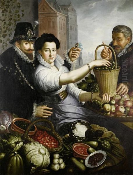 A Fruit And Vegetable Market Scene With An Elegant Nobleman Embracing A Stall-holder With Another Elegant Customer Oil Painting by Jean Baptiste de Saive