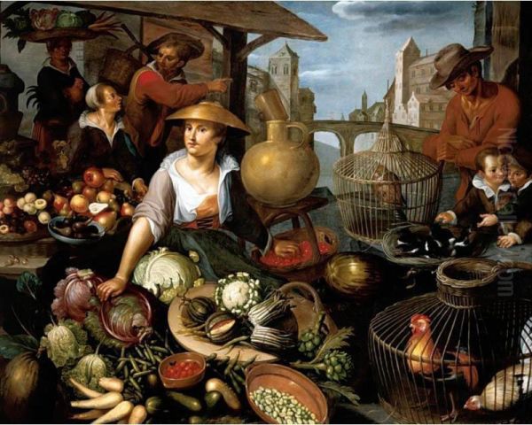 A Market-stall With A Still Life Of Vegetables, Fruit And Birds Oil Painting by Jean Baptiste de Saive