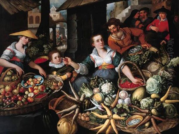 A Fruit And Vegetable Stall In A Town Market Oil Painting by Jean Baptiste de Saive