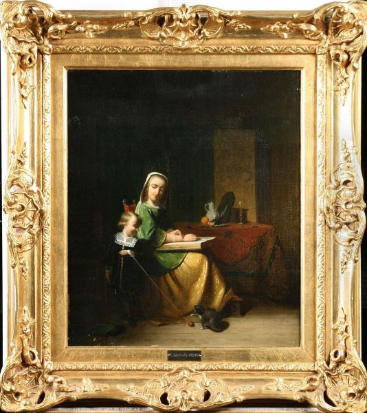 Interior Med Mor Och Barn Med Katt Oil Painting by Modeste Joseph De Salle