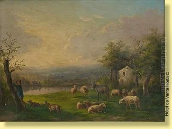 Moutons Et Ane Au Paturage Oil Painting by Charles De San