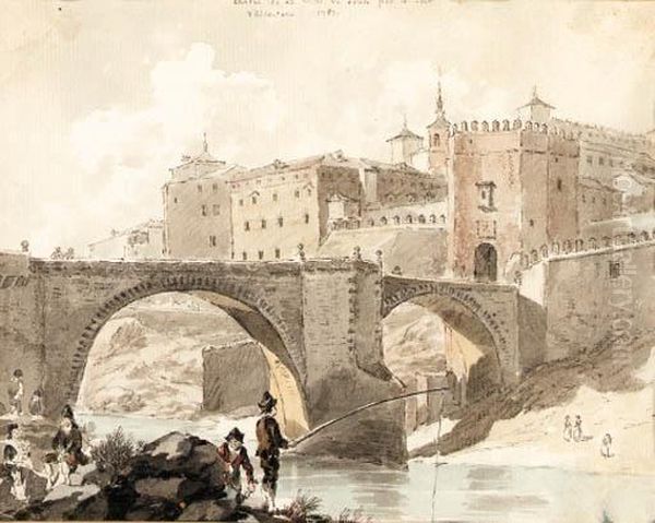 A View Of The Bridge At Toledo Oil Painting by David-Alphonse, Baron De Sandoz-Rollin