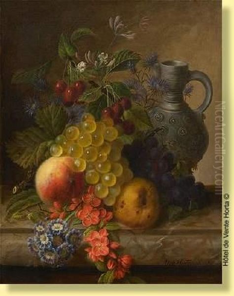 Composition Aux Fleurs, Fruits Et Pichet De Gres Oil Painting by Virginie de Sartorius