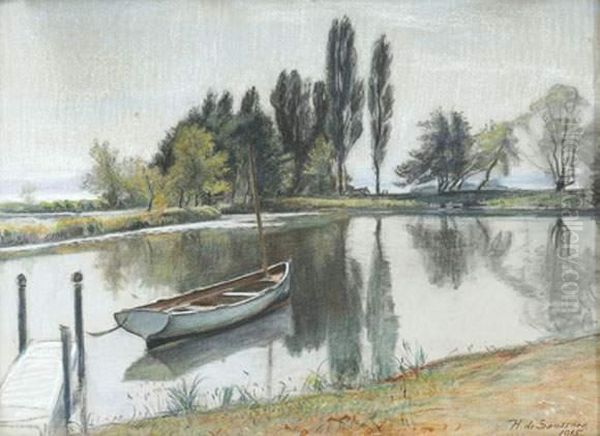 Saussure, ,barque Sur L'etang Du Creux De Genthod Oil Painting by Horace De Saussure