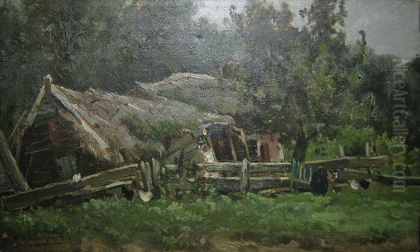 Boerin Bij Een Vervallen Boerderij. Oil Painting by Edmond De Schampheleer