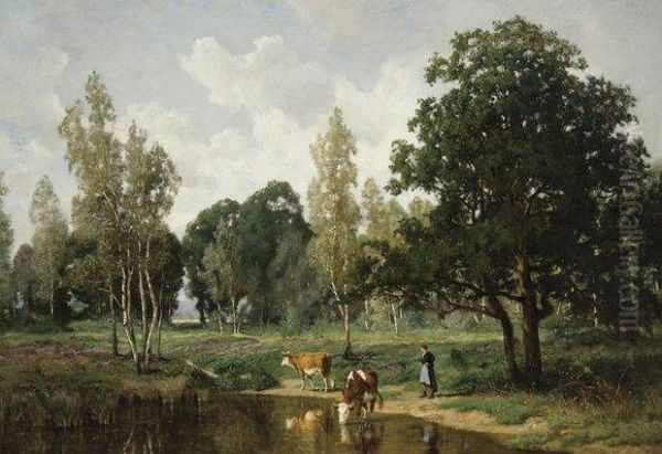 Bergere Et Vaches A L'abreuvoir Oil Painting by Edmond De Schampheleer