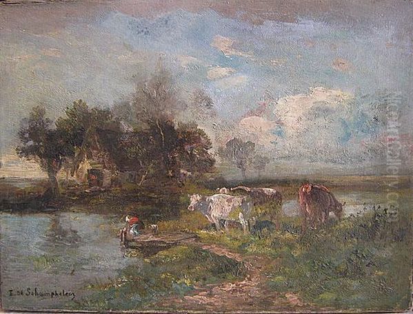 Vaches Pres De L'etang Oil Painting by Edmond De Schampheleer