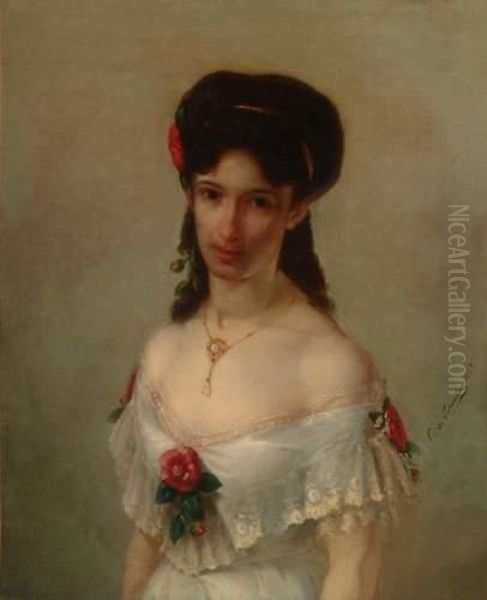 Portrait De Femme A La Fleur Rouge Oil Painting by C. De Schonberg