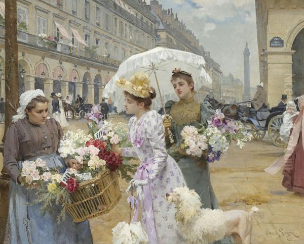 La Marchande De Fleurs, Rue De Rivoli Oil Painting by Louis De Schryver