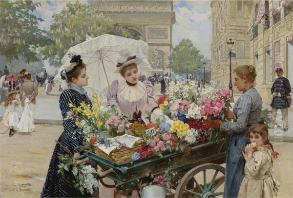 The Flower Seller On The Champs Elysees Oil Painting by Louis De Schryver